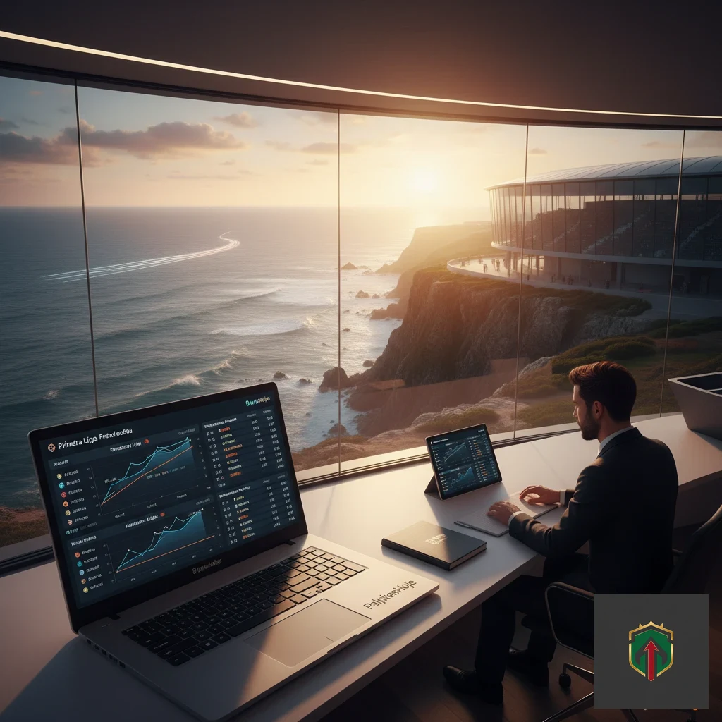 Especialista a analisar dados estatísticos desportivos num computador