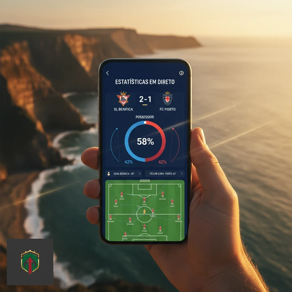 Ecrã da aplicação móvel com estatísticas detalhadas de jogo e posse de bola em tempo real