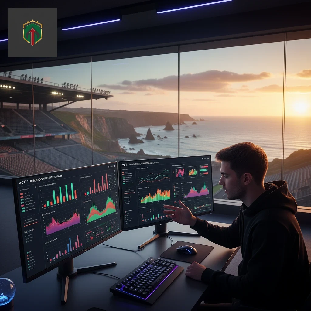 Analista a avaliar dados táticos e estatísticas de torneios de esports num computador